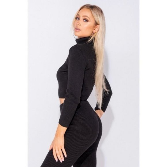 Black Knitted Long Sleeve Turtle Neck Crop Top and Pants Two Piece Set - Picture 12 of 15
